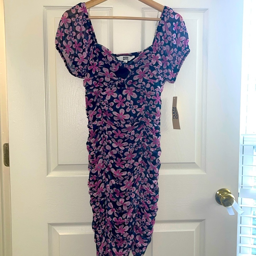Madden NYC Dress L Blue Pink Floral Ruched Puff Sleeve Front Knot Cutouts